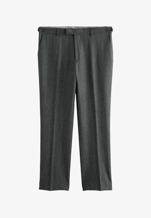 Gray herringbone trousers with a tailored fit, featuring a flat front, two side pockets, and a waistband with belt loops and button closure.