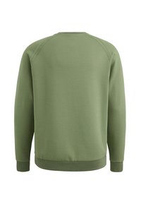 Groene sweatshirt met ribbelzoom en manchetten, met een eenvoudig ontwerp en zachte textuur. De achterkant heeft raglanmouwen voor bewegingsvrijheid.