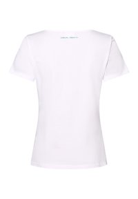 Weißes Kurzarm-T-Shirt aus Baumwolle mit runder Ausschnitt und dem Text "CASUAL IDENTITY" in Türkis auf der Rückseite.