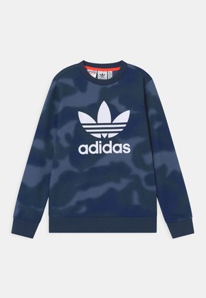 Sweat-shirt Adidas bleu marine avec logo Trèfle blanc et texte "adidas" centré sur le devant, manches longues et col rond.