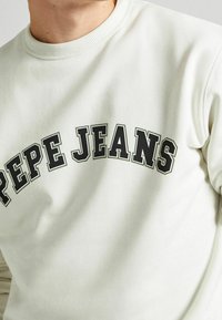 Felpa grigia chiara con colletto a costine e la scritta "PEPE JEANS" stampata in lettere grasse nere e verdi sul petto. Tessuto morbido.