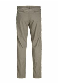 Khaki chinos with a smooth cotton fabric, straight leg design, partial elastic waistband, and two back pockets. Simple and functional style.