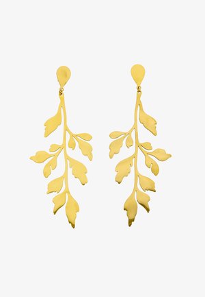 Oorbellen van goudkleurig metaal, gevormd als delicate takken met meerdere ronde bladeren, hangend aan druppelvormige oorstekers.