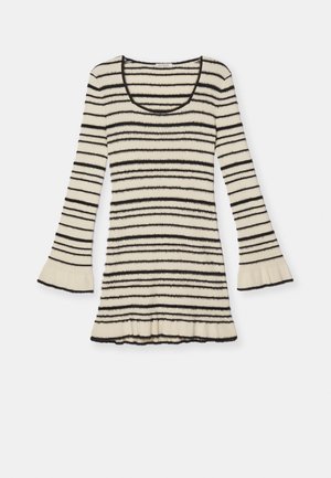 Cream striped knit top with black horizontal stripes, flared long sleeves, and a ruffled hem. Soft texture with a scoop neckline.
