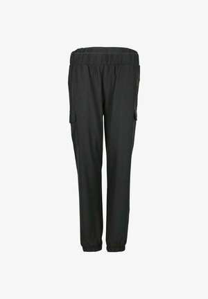 Svarta cargo byxor med elastisk midja, smala ben och sidofickor. Tillverkade av lättviktsmaterial med en slät textur.