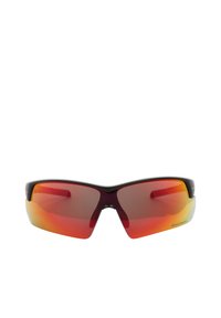 Black sports sunglasses with wraparound design, red-orange gradient lenses, and streamlined shape. Accents include brand engraving on the frame.