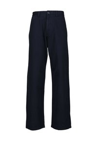 Navyblaue weite Hosen aus strapazierfähigem Stoff mit einem vorderen Knopfverschluss und Gürtelschlaufen, mit einer glatten Textur und ohne sichtbare Muster.