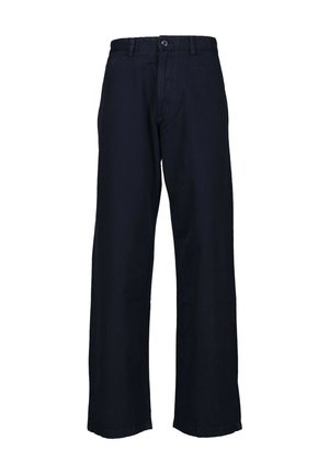Navy blue wide-leg pants made of durable fabric, featuring a front button closure and belt loops, with a smooth texture and no visible patterns.