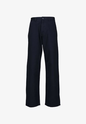 Navyblaue weite Hosen aus strapazierfähigem Stoff mit einem vorderen Knopfverschluss und Gürtelschlaufen, mit einer glatten Textur und ohne sichtbare Muster.