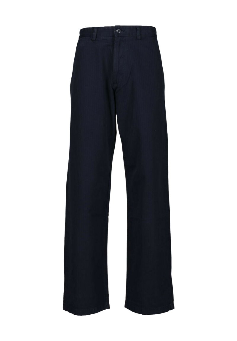 Navyblaue weite Hosen aus strapazierfähigem Stoff mit einem vorderen Knopfverschluss und Gürtelschlaufen, mit einer glatten Textur und ohne sichtbare Muster.