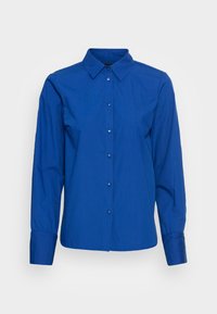 Blaues langärmliges Hemd mit Knopfleiste und Kragen, aus glattem Stoff gefertigt. Mit einer Knopfleiste vorne und strukturierten Manschetten.