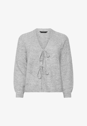 Cardigan grigio a maglia con scollatura a V, maniche lunghe e un dettaglio centrale con fiocco. Pattern testurizzato in tutto il capo. Materiale morbido.