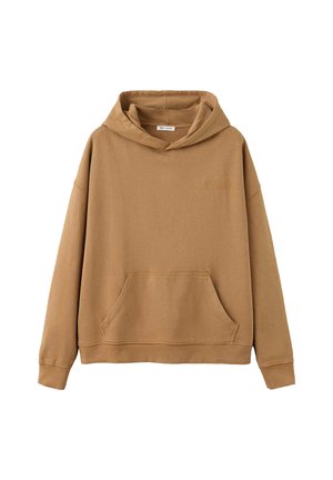 Sudadera marrón con capucha, mangas largas y bolsillo frontal tipo canguro, mostrada sobre un fondo blanco.