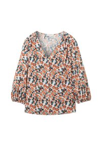 Blouse florale blanche avec des motifs orange et bleu-vert, décolleté en V, bouton sur le devant et manches bouffantes trois-quarts. Tissu léger.
