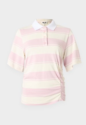 Poloshirt med lyserøde og cremefarvede striber, korte ærmer og en hvid krave. Har knaplukning og detaljer med rynkning i siden.