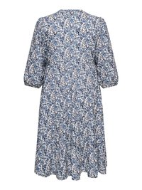 Robe blanche longueur genou à motif floral bleu, manches bouffantes trois quarts et taille froncée, vue de dos sur fond blanc.