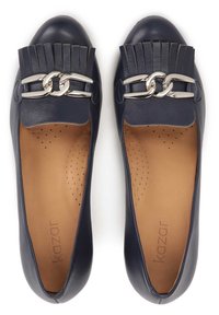 Navy leather flat shoes with a fringed detail and silver chain accent on the front. Padded insole with perforations for breathability.