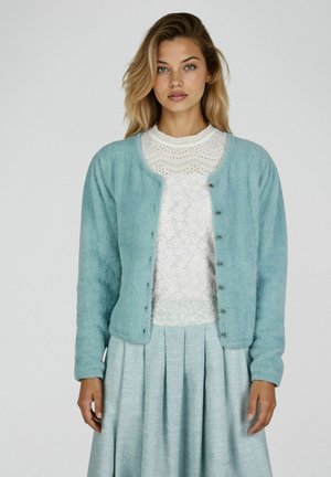 Femme aux cheveux blonds détachés portant un cardigan bleu duveteux boutonné sur un haut en dentelle blanche et une jupe plissée bleu clair.