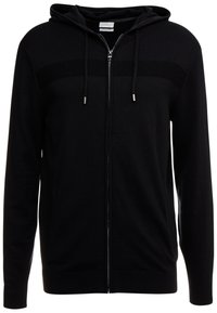 Black zip-up hoodie with a smooth texture, featuring a lined hood, front pockets, and subtle horizontal stripe detail across the chest.