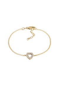 Bracelet en chaîne dorée avec un charm en forme de cœur orné de petits strass transparents, fixé avec un fermoir à homard et une chaîne ajustable.