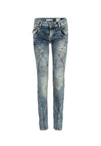 Jeans de mezclilla azul deslavado con un corte ajustado, que presentan patrones de costura distintivos, múltiples bolsillos y una cinturilla de altura media.