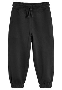 Schwarze Sporthosen mit elastischem Bund, Kordelzug und elastischen Bündchen am Knöchel. Mit zwei Seitentaschen. Aus weichem Stoff gefertigt.