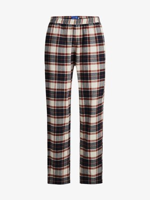 Kokvilnas pidžamu bikses ar skotu rakstu jūras zilā, bordo, pelēkā un krējuma krāsā; tās ir ar elastīgu jostasvietu un taisnām kājām.