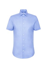 Chemise bleu clair à manches courtes avec un motif circulaire blanc, col classique et boutons blancs sur le devant.