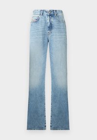 Lichtblauwe denim spijkerbroek met wijde pijpen en een vervaagde finish, voorzien van vijf zakken, een knoopsluiting en een klassieke tailleband.