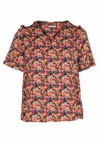 Blusa a maniche corte con un denso motivo floreale multicolore in tonalità di arancio, rosa, rosso e verde su uno sfondo nero.