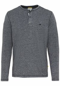 Langærmet heathered mørkegrå skjorte lavet af blødt stof, med en knaplukket Henley krave og et lille logo på brystet.