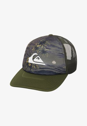Green visor cap with mesh back, palm tree and sunset pattern on front, and a white wave and mountain logo.