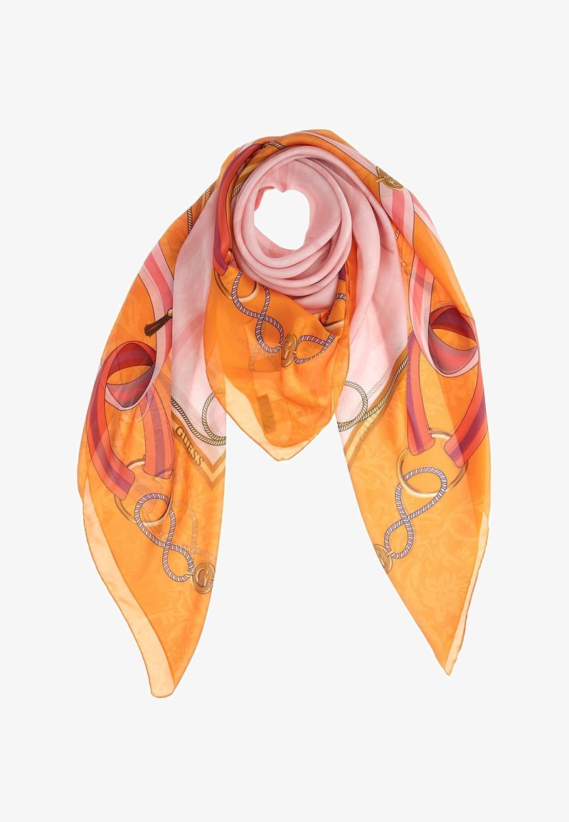 Foulard carré léger avec dégradé orange et rose, décoré de motifs chaîne et corde, plié en boucle lâche.