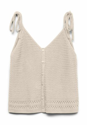 Débardeur beige en maille avec bretelles à nouer, fermeture à boutons sur le devant et motif texturé sur l'ensemble du tissu.