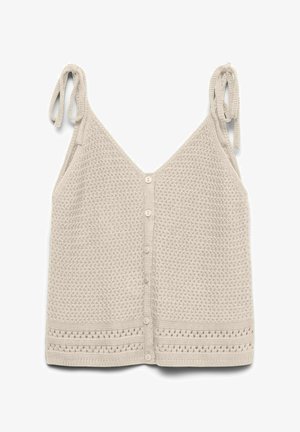 Débardeur beige en maille avec bretelles à nouer, fermeture à boutons sur le devant et motif texturé sur l'ensemble du tissu.