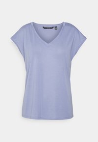 Light purple short-sleeve T-shirt with a V-neckline. Soft fabric, relaxed fit, and rounded hem, offering a casual and comfortable look.