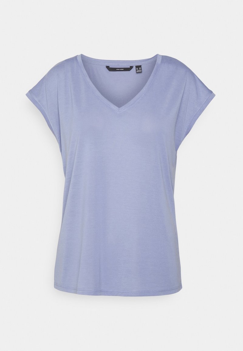 Light purple short-sleeve T-shirt with a V-neckline. Soft fabric, relaxed fit, and rounded hem, offering a casual and comfortable look.
