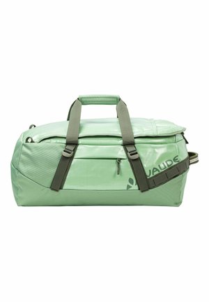 Green duffel bag with a textured finish, gray straps, zippered pocket, and logo detail. Rectangular shape, durable material, and sleek design.