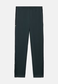 Pantalones deportivos verde oscuro de corte slim, con bolsillos laterales, acentos negros y detalles con cremallera en los tobillos. Fabricados con material ligero.