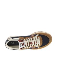 Multicolored sneaker featuring a navy and brown suede upper, cream laces, and a textured sole. Includes a logo tag inside the tongue.
