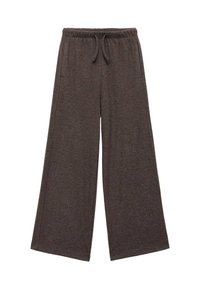 Donkerbruine wijdvallende broek van zachte stof. Beschikt over een elastische tailleband met een trekkoord en heeft geen zichtbare zakken.