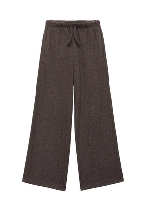 Dunkelbraune weit geschnittene Hose aus weichem Stoff. Verfügt über einen elastischen Bund mit Kordelzug und hat keine sichtbaren Taschen.
