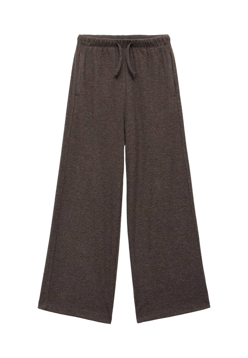 Donkerbruine wijdvallende broek van zachte stof. Beschikt over een elastische tailleband met een trekkoord en heeft geen zichtbare zakken.