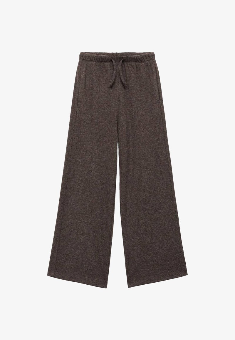 Dunkelbraune weit geschnittene Hose aus weichem Stoff. Verfügt über einen elastischen Bund mit Kordelzug und hat keine sichtbaren Taschen.