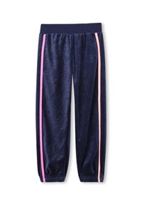 Calças de sweat em veludo azul marinho com riscas laterais em rosa, cintura elástica e punhos franzidos. Apresenta uma textura cintilante em todo o tecido.