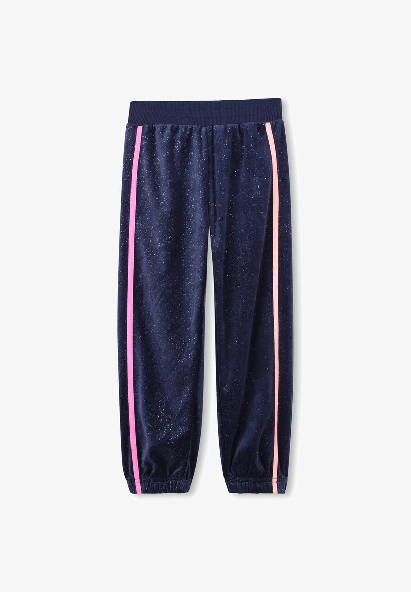 Calças de sweat em veludo azul marinho com riscas laterais em rosa, cintura elástica e punhos franzidos. Apresenta uma textura cintilante em todo o tecido.