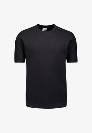 Zwart gebreid T-shirt met korte mouwen, voorzien van een getextureerd diagonaal patroon. Ronde halslijn en ribgebreid detail aan de onderkant.