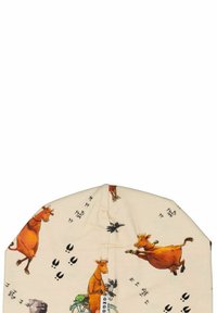 Kerman villasukka vaaleassa sävyssä, jossa on värikkäitä lehmäkuvioita, polkupyörä ja eläimen jalanjälkiä. Villasukalla on sileä tekstuuri ja kapeneva muoto.