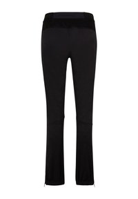 Schwarze Sporthosen mit einer glatten Textur, elastischem Bund, figurbetontem Schnitt und dezenten Reißverschlussdetails an den Knöcheln.