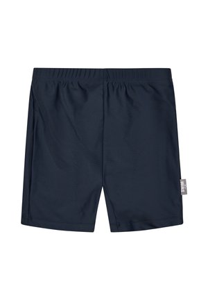 Marineblaue Badeshorts mit elastischem Bund und kleinem weißen Etikett an der rechten Seitennaht vor weißem Hintergrund.